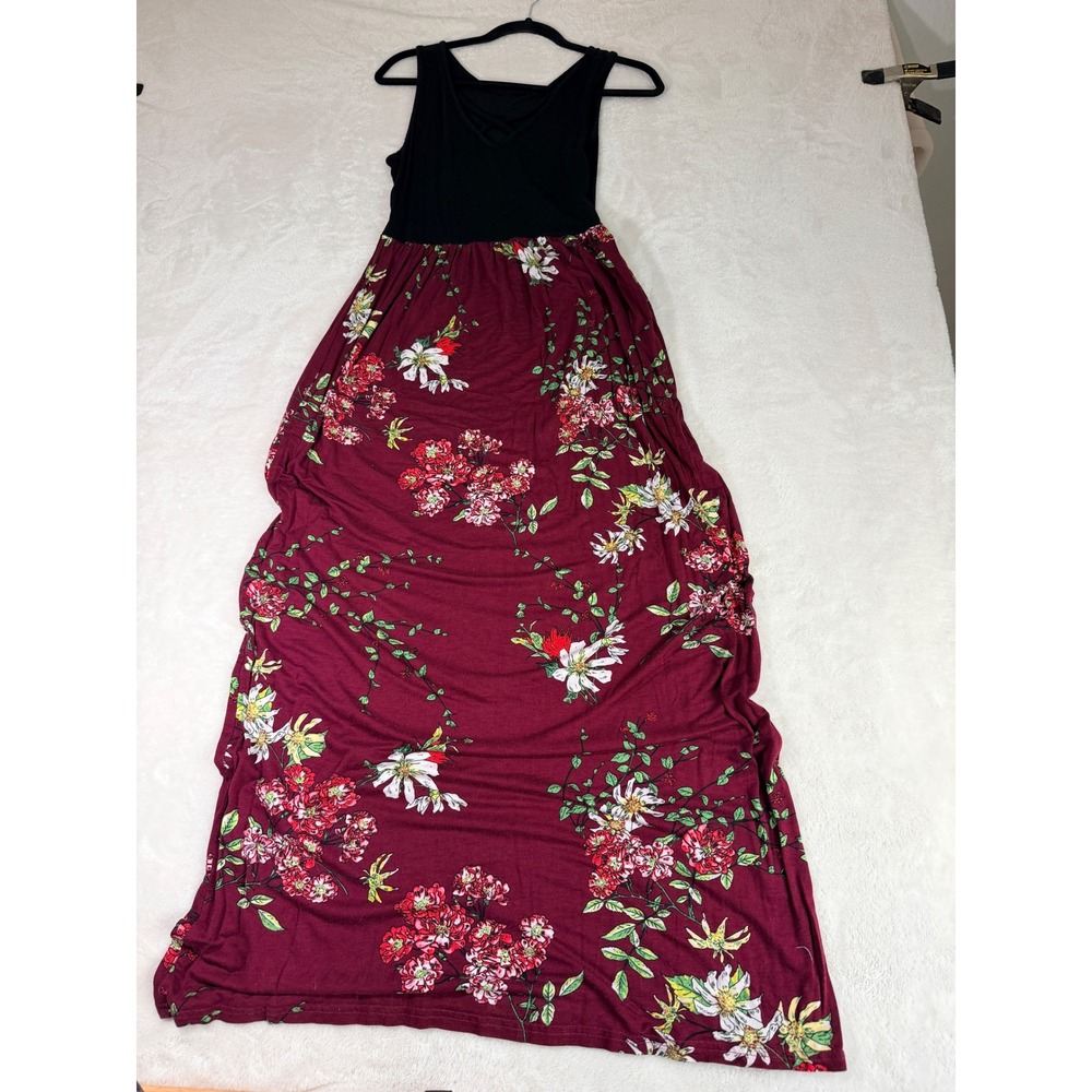 Floral Empire Waist Maxi Dress Womens M Burgundy Boho Cottagecore Pockets